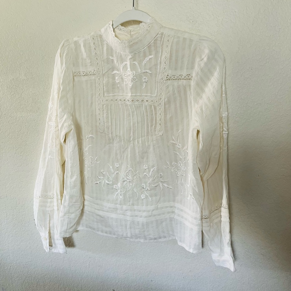 Vintage-Inspired White Embroidered Lace Victorian Blouse